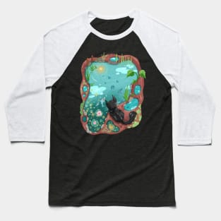 Black Cat and the Sky Koi Pond Baseball T-Shirt